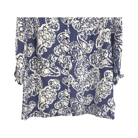 JM Collection 3/4 Sleeve Linen Button Up Tunic Blue & White Paisley SZ 14 - Picture 2 of 9